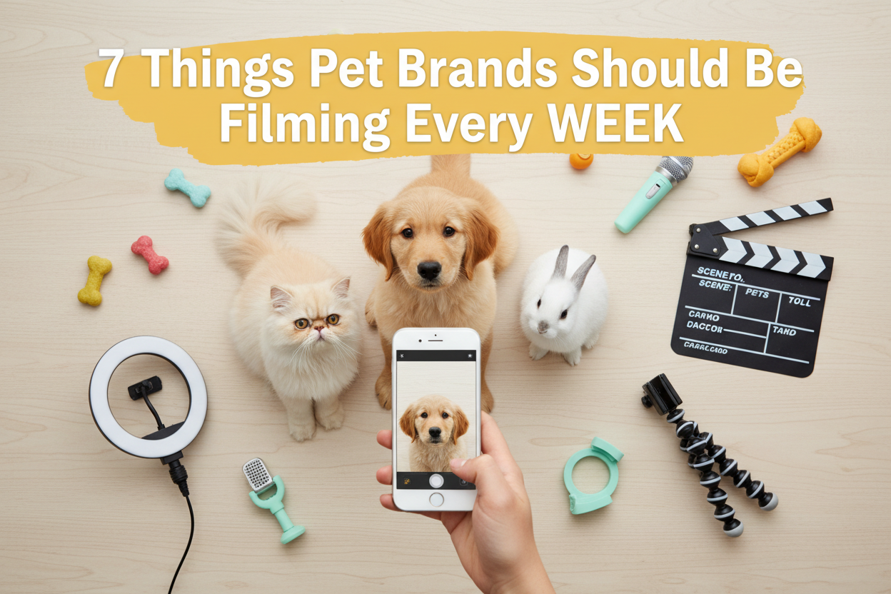 Pet content creation setup with dog, cat and filming equipment for pet brand social media marketing