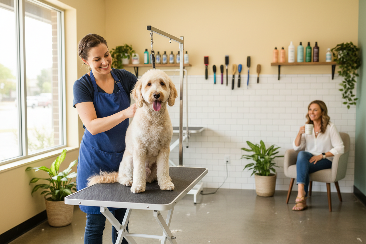 Professional dog grooming salon showing positive client experience and pet grooming service