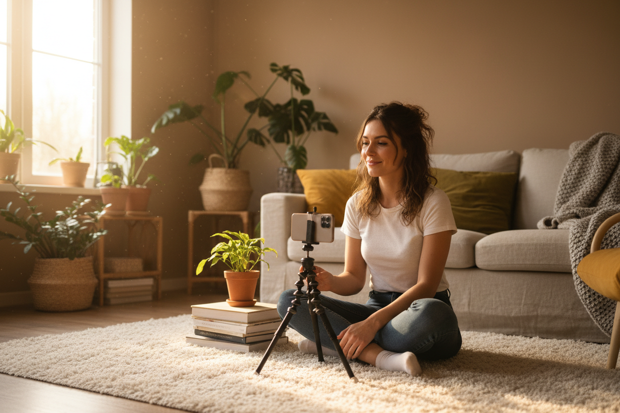 Content creator filming natural lifestyle content at home for influencer marketing and social media