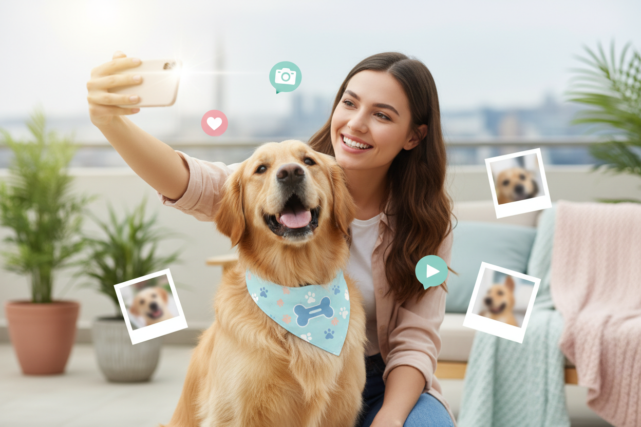 Woman taking selfie with dog representing pet influencer content and social media engagement