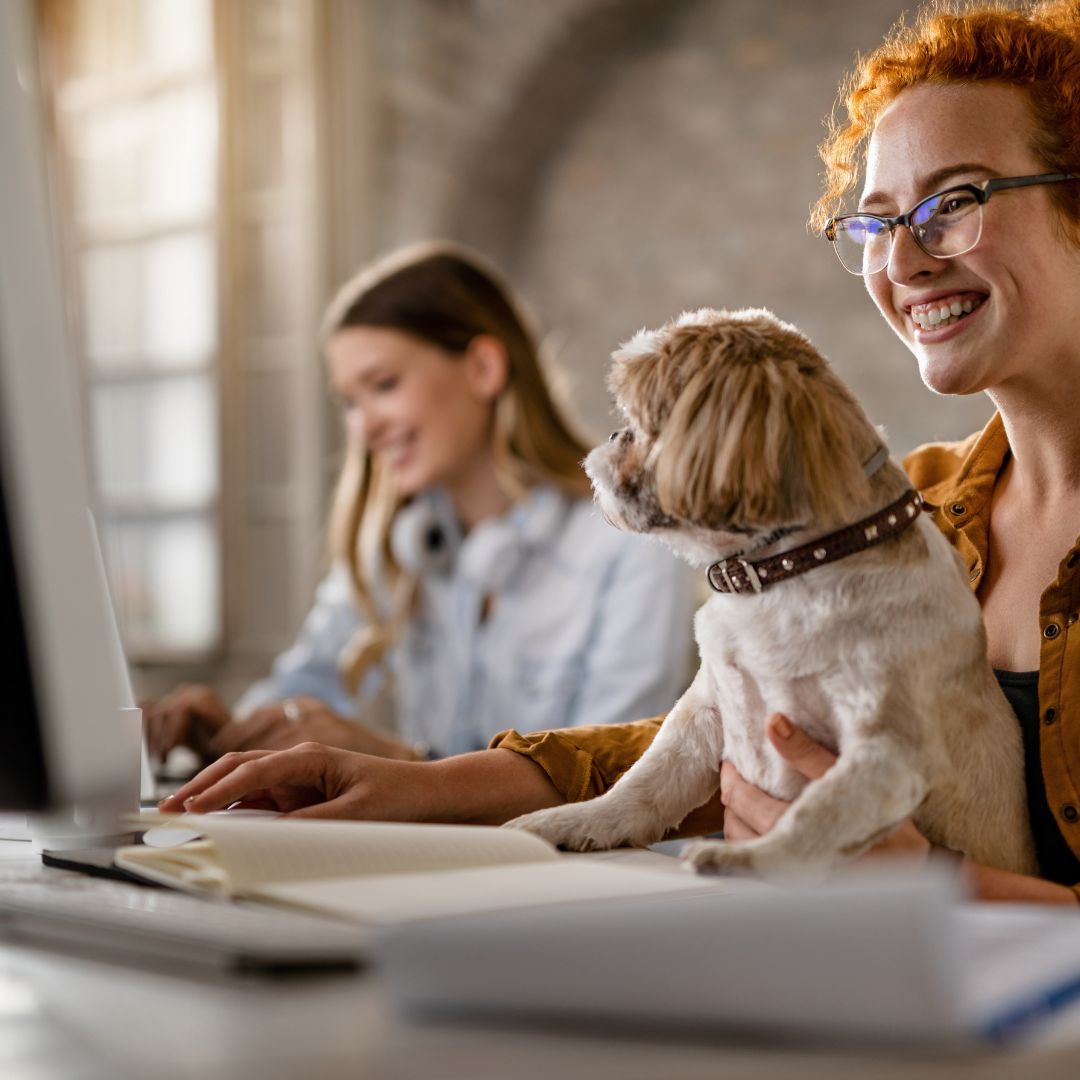 Woman smiling at computer while holding dog in office