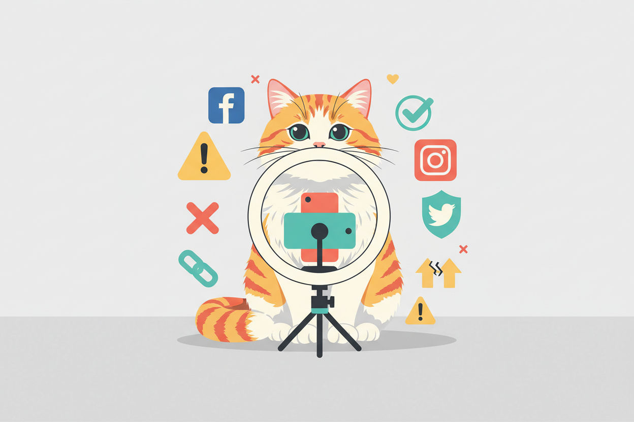 Pet influencer marketing concept with cat creating social media content and platform icons