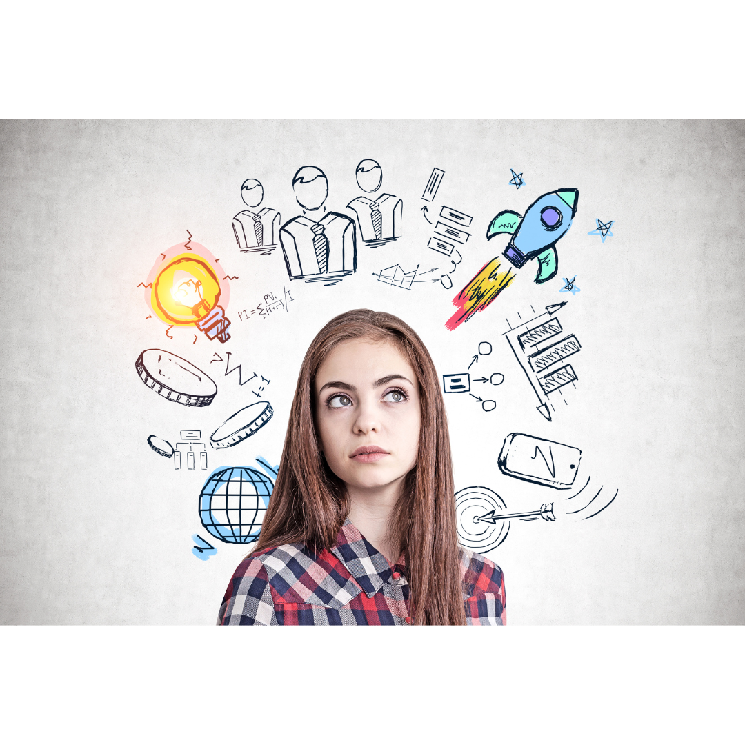 Young woman in a checkered shirt looking thoughtful with colourful business-themed doodles above her head including a rocket, lightbulb, and graphs symbolising pet business startup ideas.