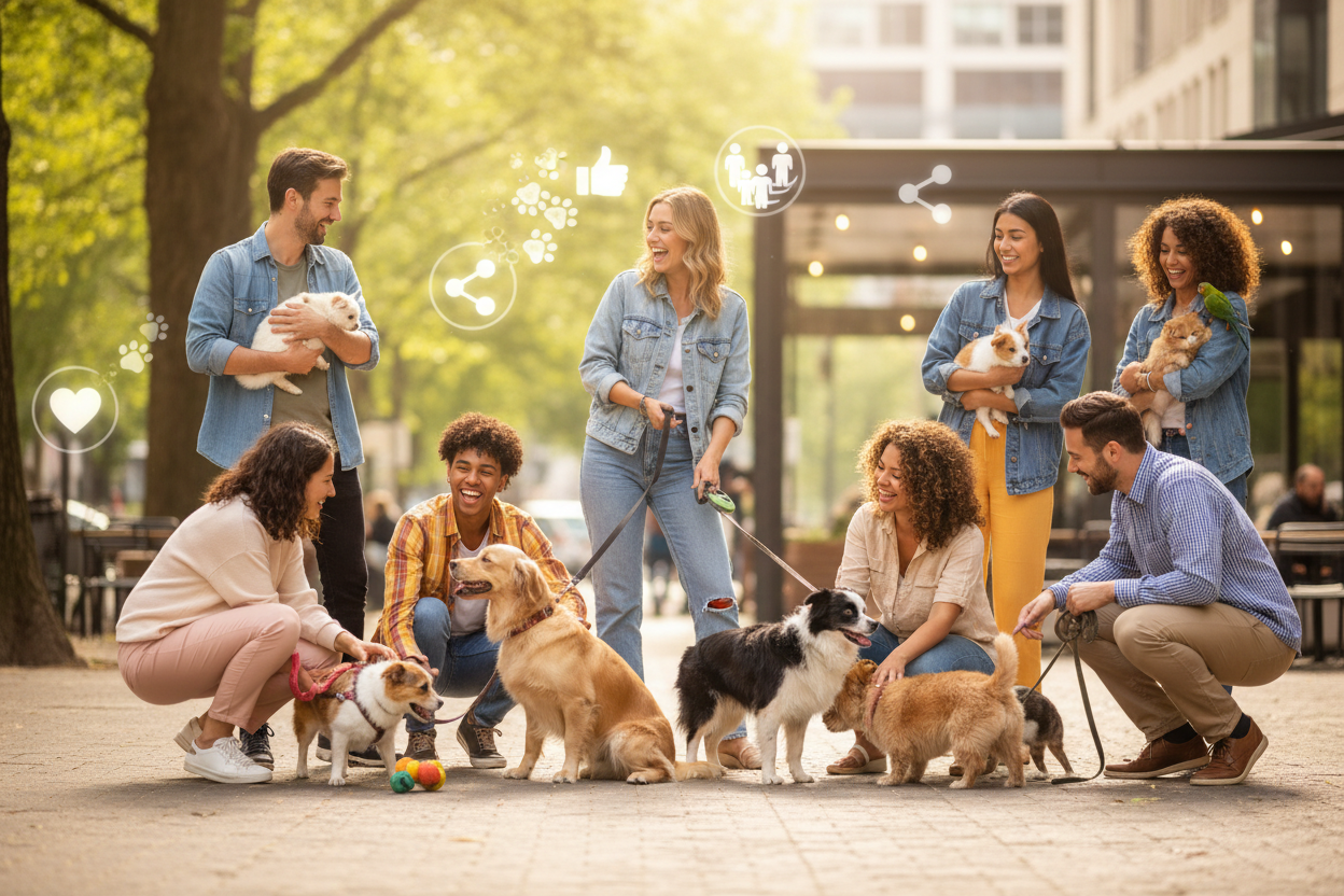 Group of dog owners socialising with pets in park representing pet brand community and engagement