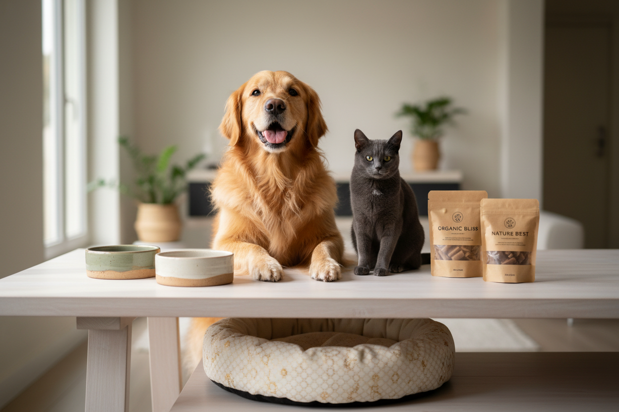 Dog and cat with premium pet products on table representing high quality pet brand positioning