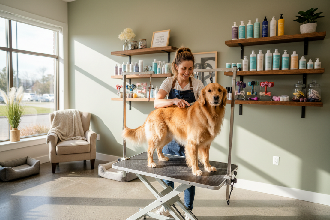 Dog groomer brushing golden retriever on grooming table in professional pet salon
