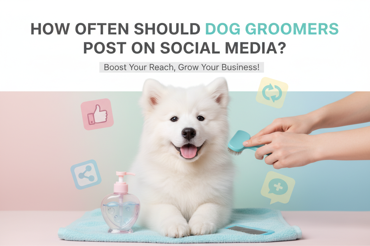 Dog grooming content with social media icons showing posting strategy for dog groomers