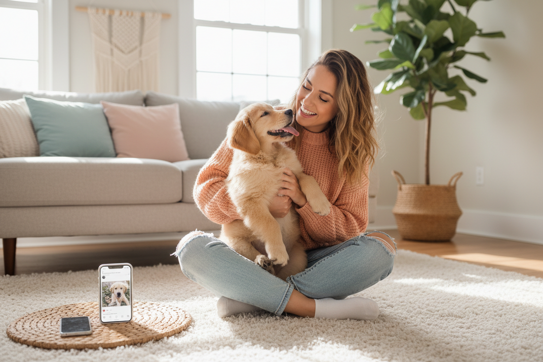 Pet influencer content creation with dog and smartphone for social media engagement and conversion