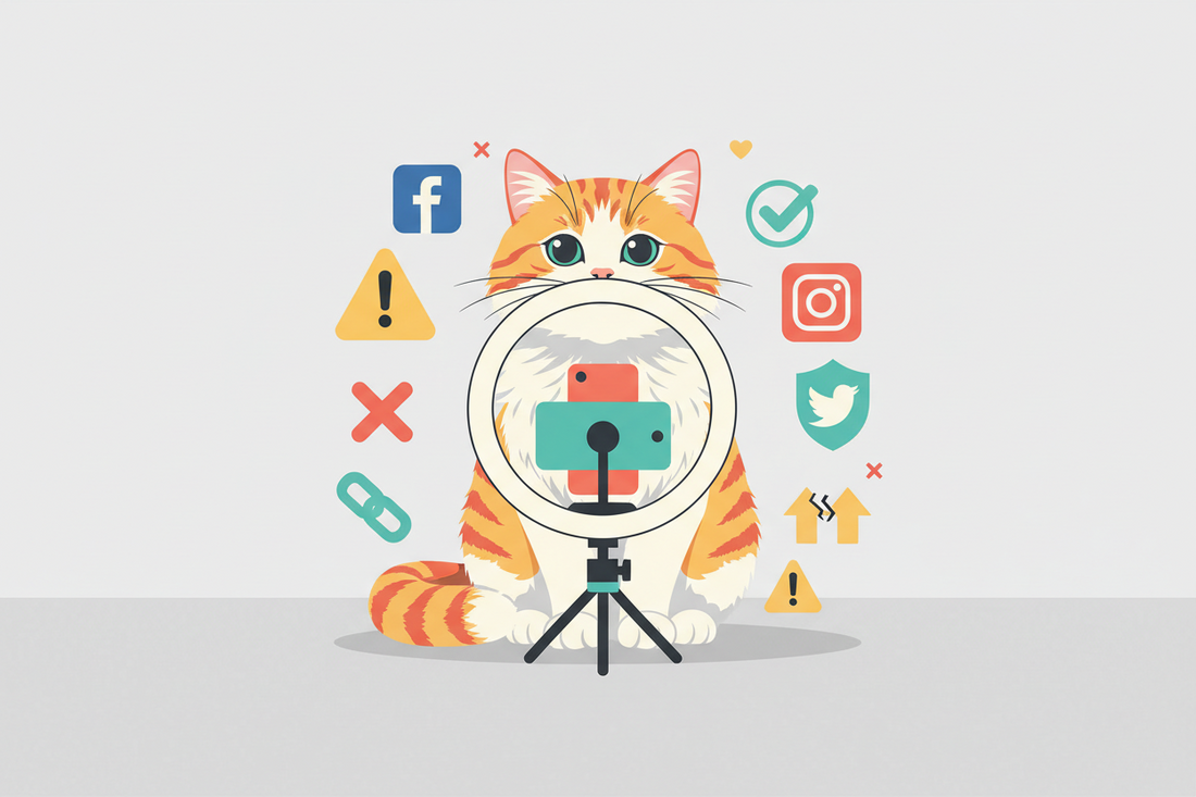 Pet influencer marketing concept with cat creating social media content and platform icons