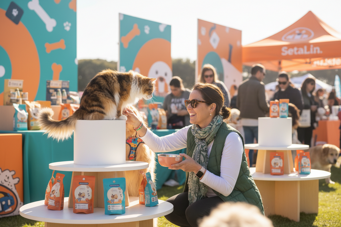 Woman interacting with cat at pet brand event with product displays and outdoor marketing setup