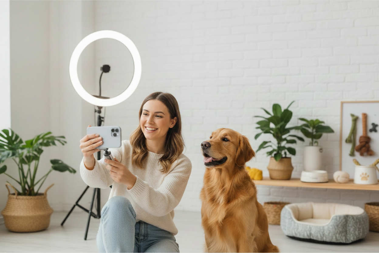 Pet content creator filming dog content at home for social media and influencer marketing
