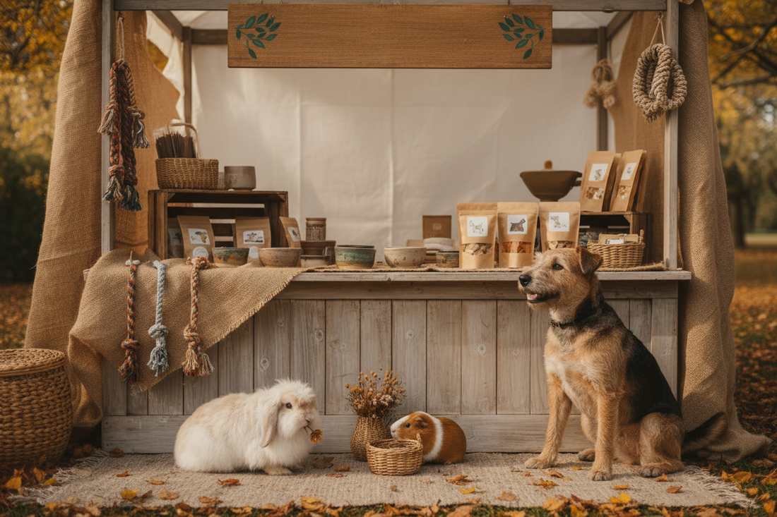 Pet brand market stall with dog, rabbit and natural pet products representing independent pet business branding
