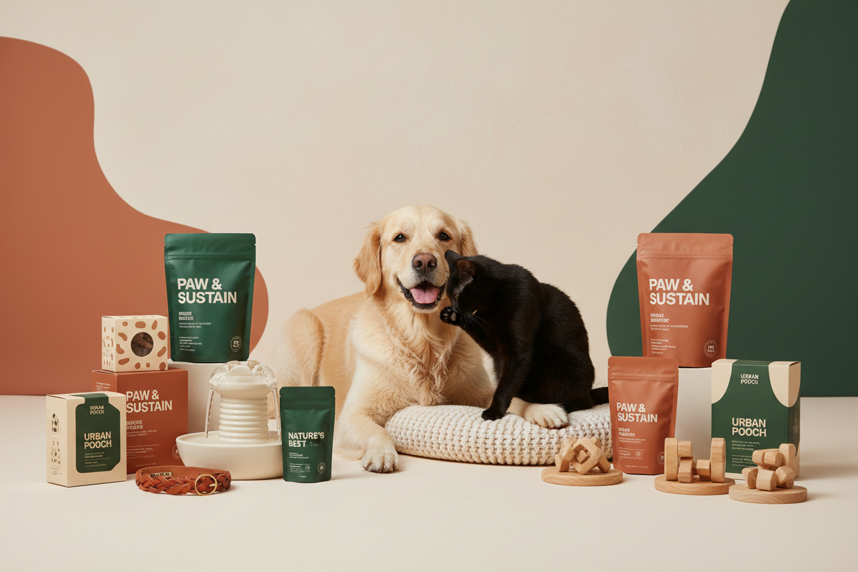 Dog and cat surrounded by branded pet products representing strong modern pet brand identity