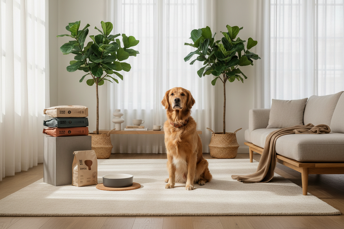 Lifestyle pet brand scene with dog in home environment and premium pet products