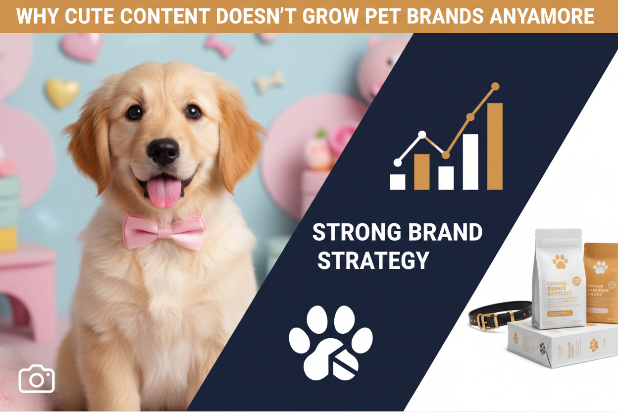 Pet brand marketing concept showing cute dog with strong brand strategy and growth chart graphics