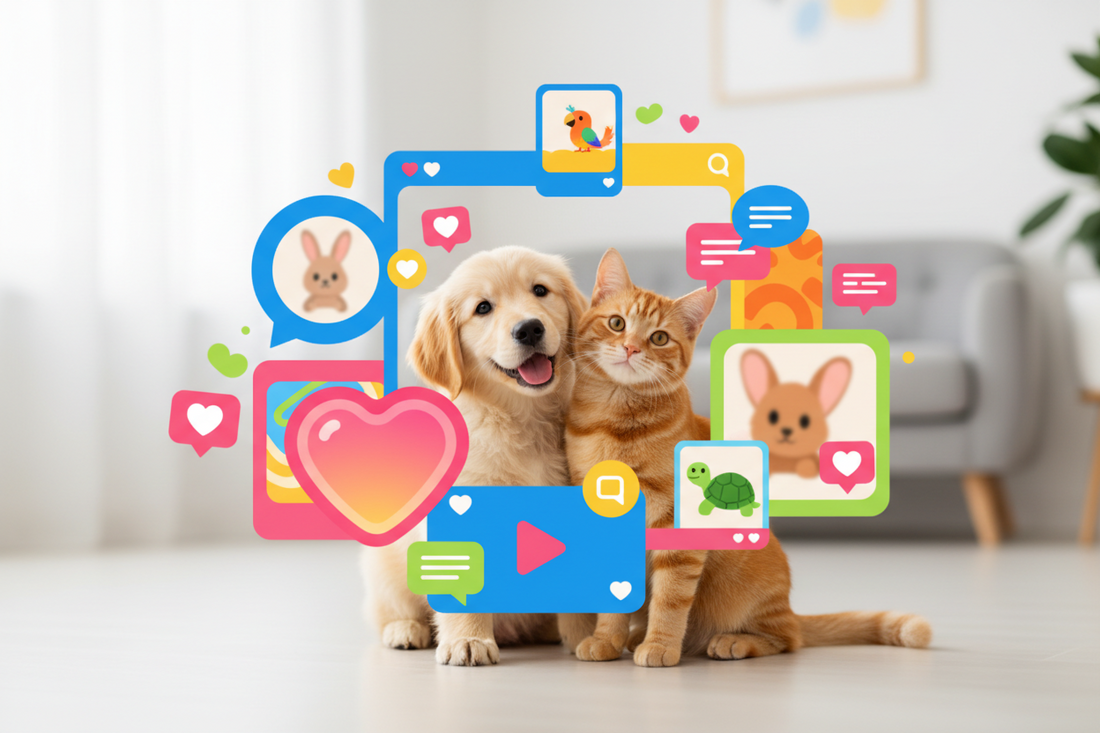 Dog and cat surrounded by social media icons representing pet brand content and online engagement