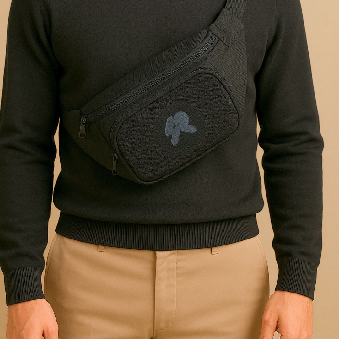 Man wearing a black canvas Social Pack waistbag with black logo crossbody over a sweater and chinos.